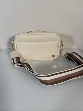Cream Textured Crossbody Bag with Brown Striped Strap